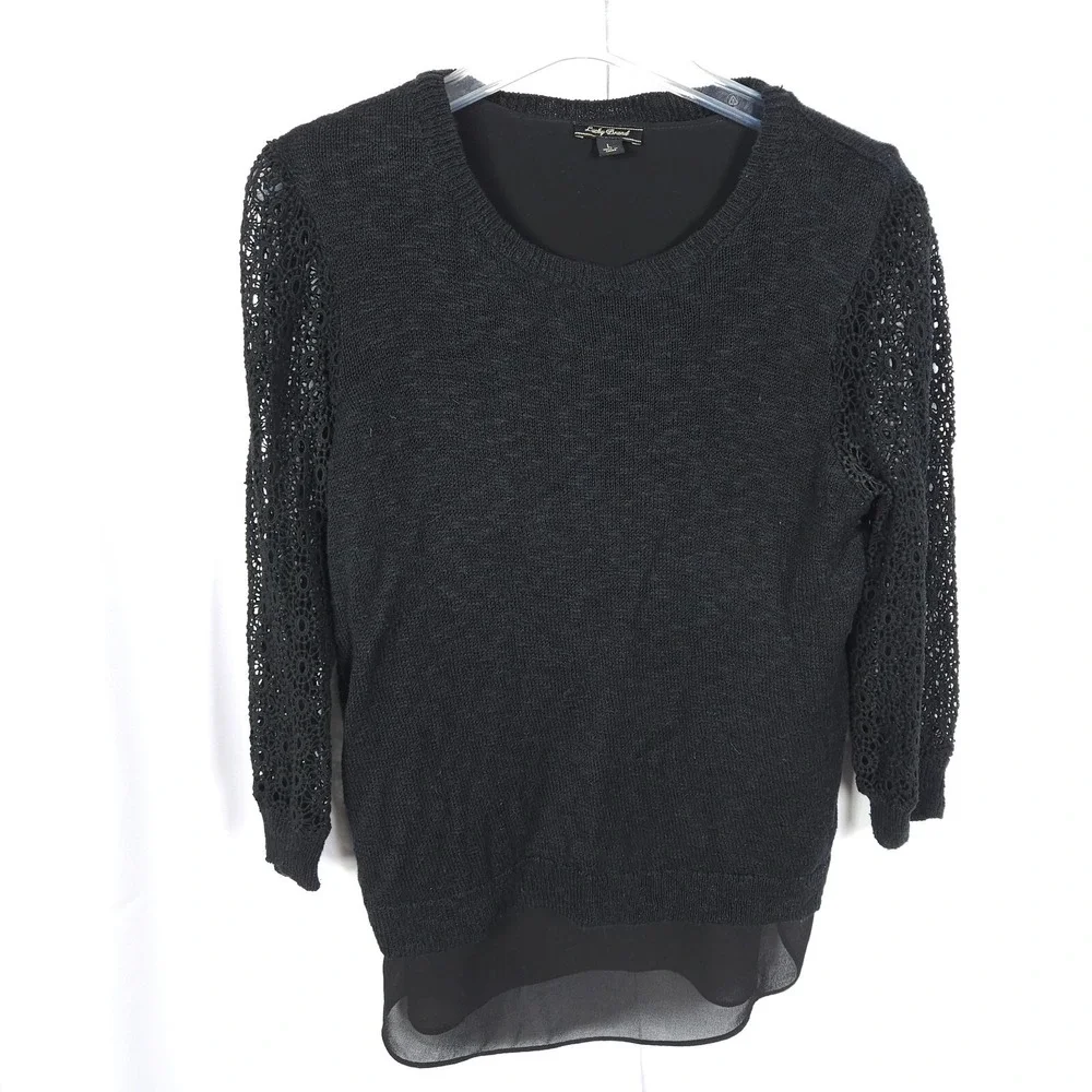 1 Lucky Brand Black Lace Sleeve Linen Cotton Sweater Womens Large